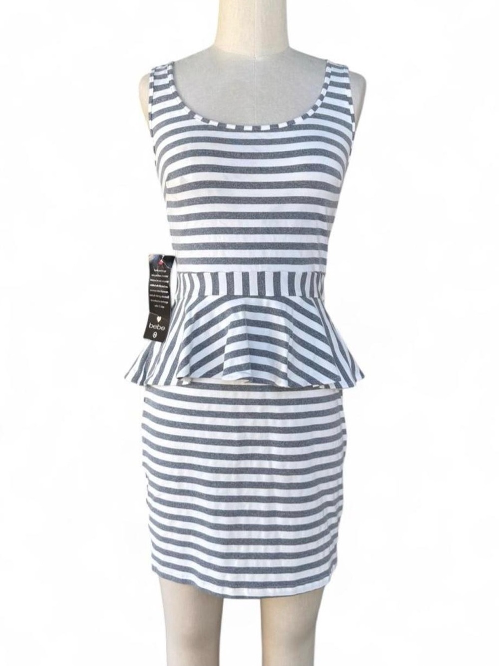 NWT bebe White and Gray Striped Peplum Mini Dress scoop neck